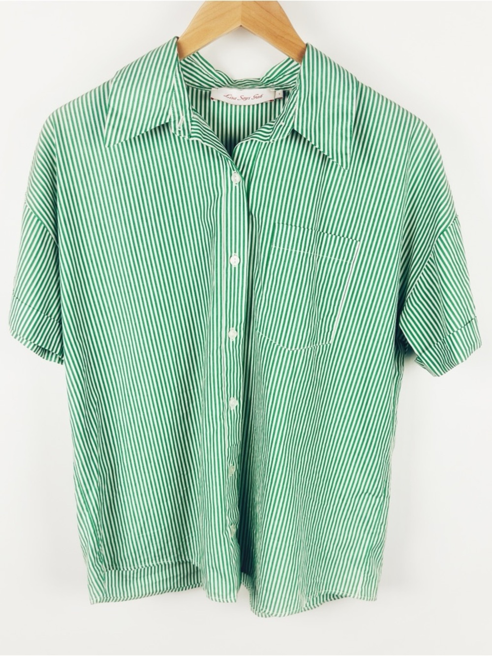 Lisa Says Gah Alexa Striped Short Sleeve Button Down Shirt Green White Size S